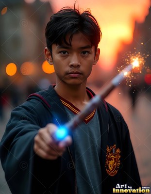 On a city street at dusk, a young man points a wand sparking with bright light