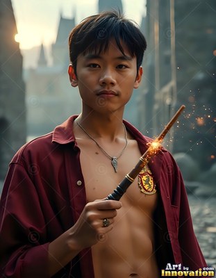 Holding a sparkling wand, a young man wears an open red shirt on a stone street