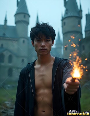 A shirtless young man holds a sparking wand outside a stone castle