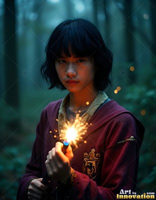 Wearing a maroon robe, a young man carries a sparkling wand in a dim forest