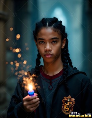A young man holds up a small blue flame that casts warm sparks in the dark hallway