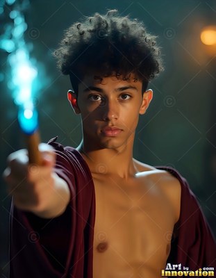 Facing forward in a dim room, a bare-chested young man points a wand with blue light