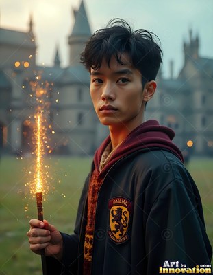 A young man in a dark robe holds a wand shooting bright sparks by the walls of a castle
