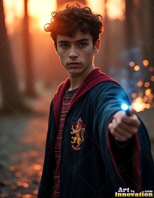 In a dim forest at sunset, a young man in a dark robe points a blue-lit wand