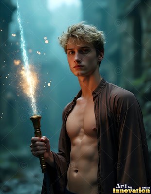 Holding a sparkling wand, a blond man stands in an open brown robe outdoors