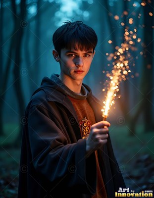 Young man in dark robes holding a sparkling wand in the woods
