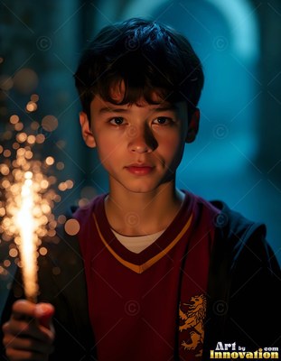 A young man in a red school sweater holds a bright sparkler in a dim hall