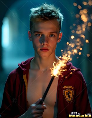 A young man grips a wand throwing yellow sparks in a dark hall