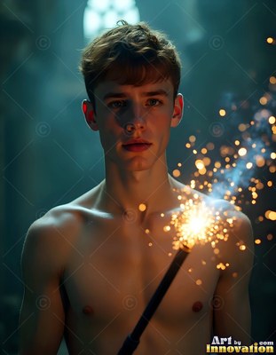 Facing forward in a dim hall, a shirtless young man holds a sparking wand