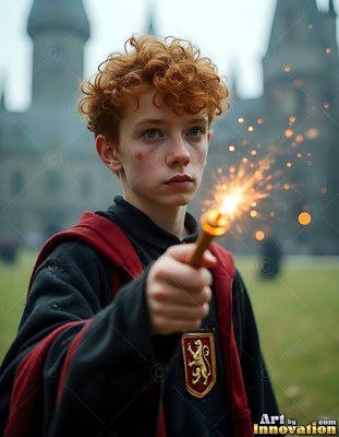 A young red-haired man holds forward a wand shooting bright sparks outside a castle