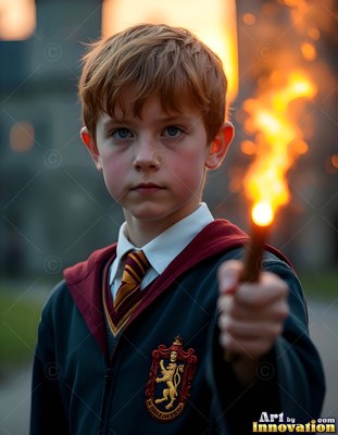 In a castle courtyard, a young man holds forward a sparking wooden wand