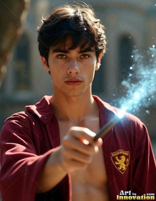 Aiming a sparkling wand forward, a young man in an open maroon shirt stares ahead outdoors