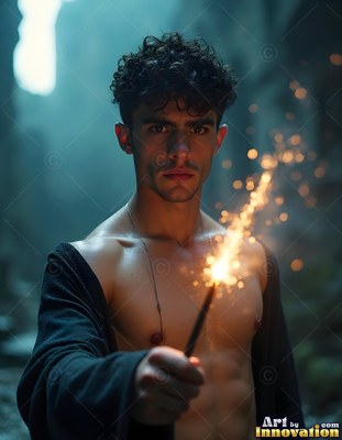 A shirtless man in a dark robe holds out a sparkling wand