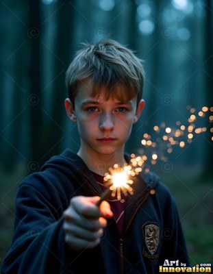 A crest on his dark jacket, a young man carries a sparkling wand in the woods
