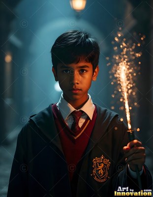 A young man holds a sparking wand that casts warm light across his dark robe