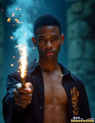 Facing forward in a dim room, a young Black man points a sparking wand