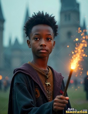 A young Black man in a dark robe holds a sparking wand outside a castle