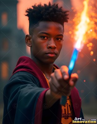 In the dim courtyard, a young man points a fiery blue wand forward