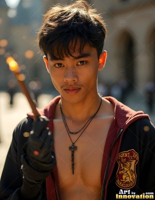 Holding a lit wand, a young man wears a parted red and black robe outside in the sun