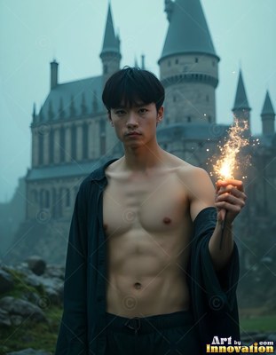 A shirtless man holds a sparkler outside a stone castle