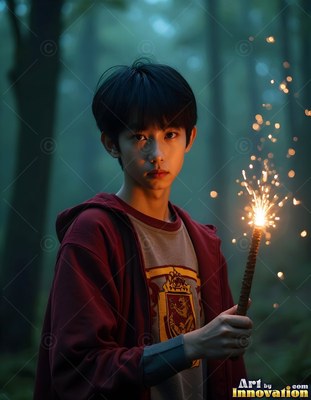 A young man in a red hoodie holds a sparking wand in a misty forest