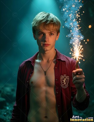 A young blond man holds a wand sending bright blue sparks into the dark teal room