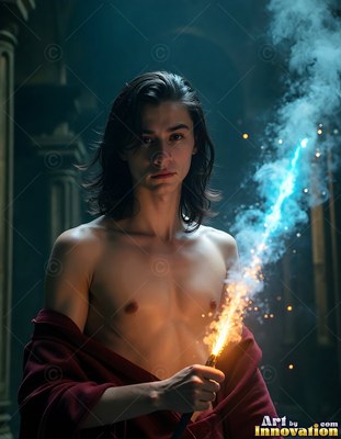 Facing forward in a dim hall, a shirtless young man clutches a sparking wand