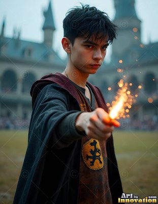 A young man in a dark robe points a wand of bright sparks out in front of a castle