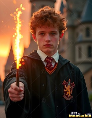 Outside a castle, a young man in school robes points a wand that sparks with yellow light