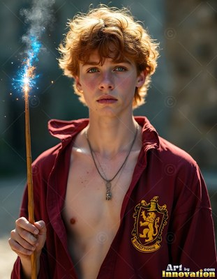 Holding a sparking wand, a young man wears an open red robe with a lion crest