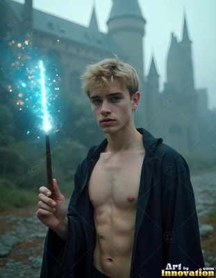 A shirtless man in a black robe holding a lit wand just outside a castle