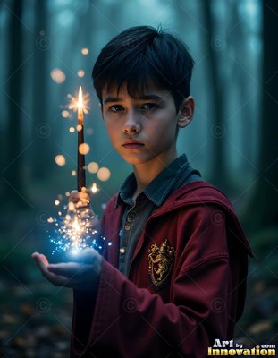 Wearing a red hooded robe, a young man carries a sparkling wand in a dim forest