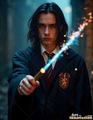 A young man points a wooden wand forward as bright blue sparks burst from its tip
