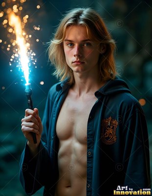 Facing forward in a dim hall, a shirtless young man clutches a sparking wand