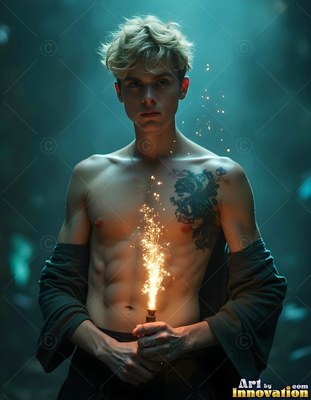 A shirtless blond man holds a wand shooting bright sparks in a dark room