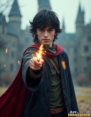 Just outside a castle, a young man in a red cape points a spark-tipped wand forward