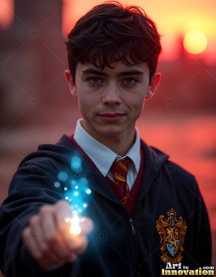 Holding out a spark of blue light, a young man wears a school robe at sunset