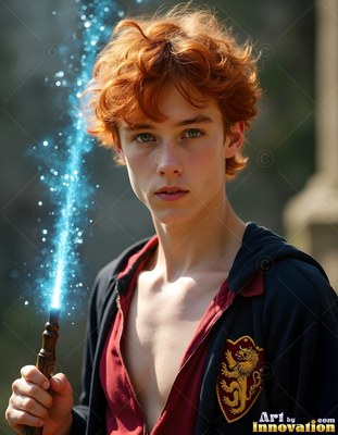 Redhead young man holds a wand with blue sparks