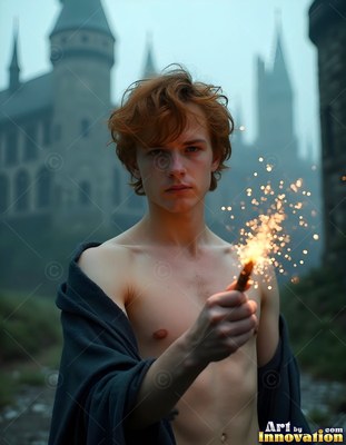 Red hair falls over the forehead of a shirtless young man holding a sparking wand by a castle