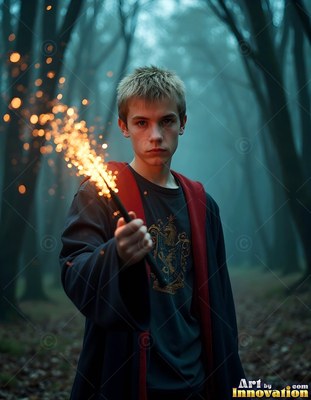 A young man points a wand in a foggy forest, shooting bright orange sparks