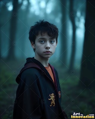 Turned three-quarters in a misty forest, a young man wears a black hooded robe