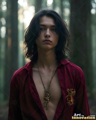 A young man with dark wavy hair stands in a dim forest in an unbuttoned red shirt