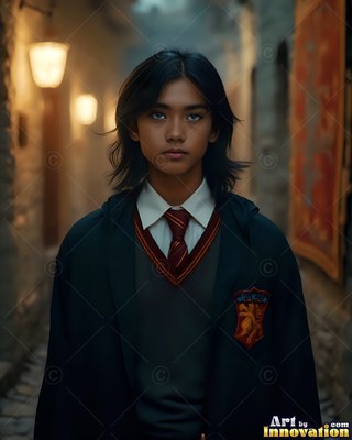 In a stone corridor, a young man stands wearing a black robe and striped red tie