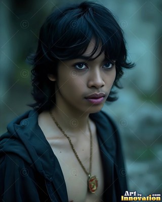 Looking forward, a young dark-haired man wears an open black cloak and gold pendant