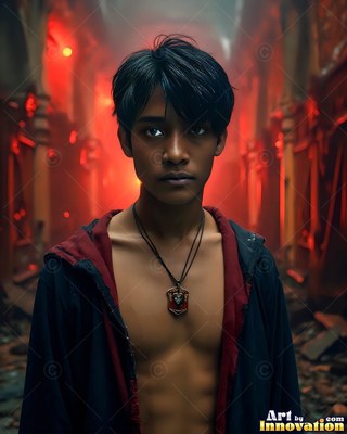 Young man in an open dark robe before red lights