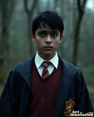 A striped tie on a young man standing in black school robes in dim woods