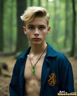 A young blond man stands in the woods in an open navy shirt with soft green light