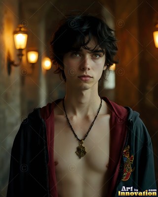 Facing forward in a dim castle hall, a young man wears an open robe over his bare chest