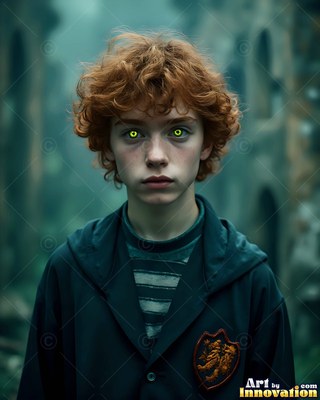 A young man with curly red hair and bright yellow eyes in a dark school robe