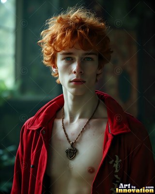 In a dim room, a red-haired young man stands wearing a loose red jacket